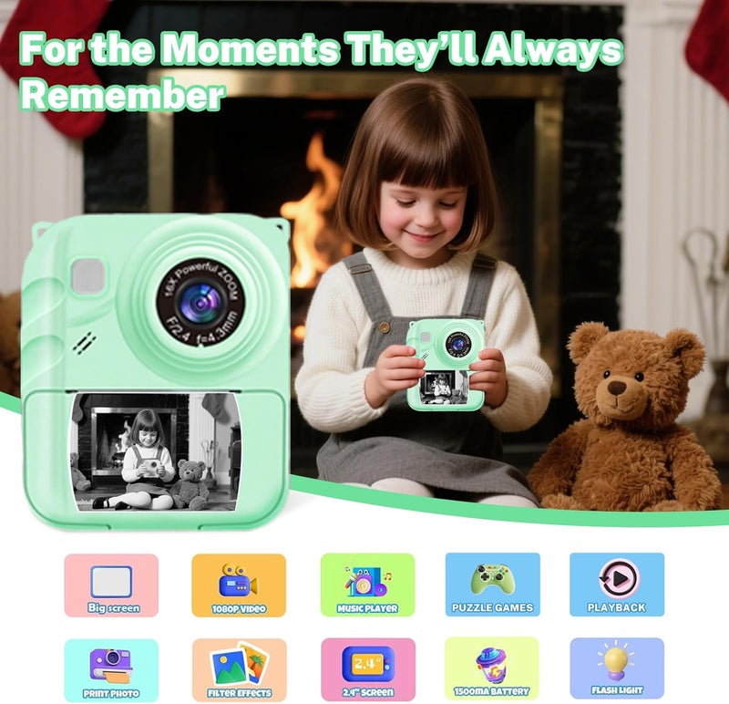 QDH Instant Print Camera for Kids, 1080P Video Camera with 3 Print Rolls, 32GB Card & Cute Cover, Gift for Girls Boys Age 3-12, Toddler Digital Camera with Games, Filters, Music – Green - Image 2